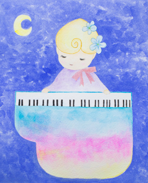 一个漂亮的手绘水彩画女孩弹钢琴的形象图片下载
