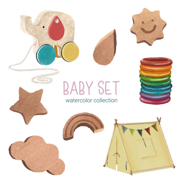 一套美丽的独立部分的衣服，婴儿项目和玩具在水彩图片下载