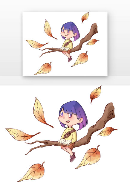 手绘立秋女孩坐在树上图片下载