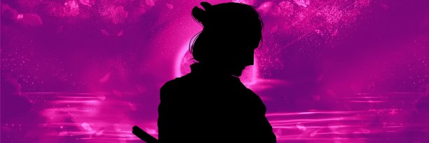 一幅黑白剪纸风格的插画，一个歌舞伎演员扮演一个腰间佩带江户时代宝剑的武士，他的侧面看起来垂头丧气，波光粼粼的河水和一轮满月漂浮在水面上。图片下载