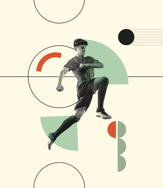 当代艺术拼贴。创意设计与年轻的运动男子，足球运动员在运动，踢球与膝盖在跳跃图片下载