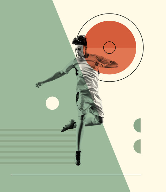 当代艺术拼贴。具有创意设计的年轻人，足球运动员在运动，训练。运球练习图片下载