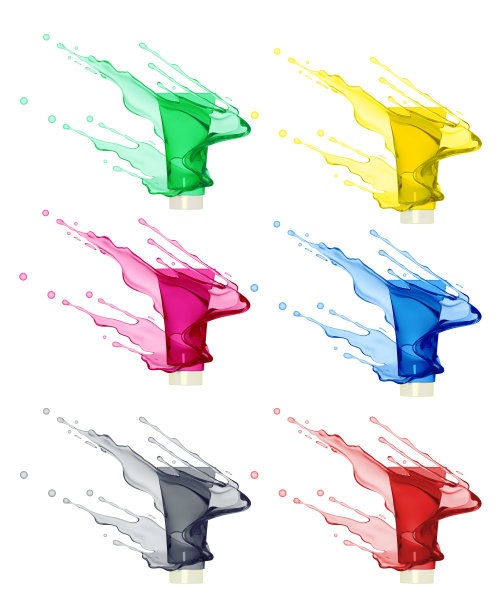 油漆管套装和飞溅红，黄，粉，绿，蓝，黑，面霜，洗发水或沐浴露，空白产品的模拟。3d插图，广告，抽象的背景，孤立的白色3d渲染图片下载