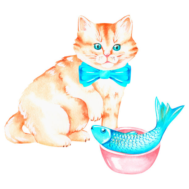 姜黄色的猫正在吃鱼。水彩插图。孤立在白色背景上。为设计。图片下载