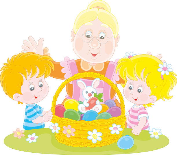 快乐的奶奶和孩子们带着复活节篮子图片下载