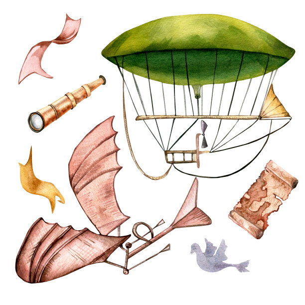 复古飞船，飞机复古风格水彩插图孤立图片下载