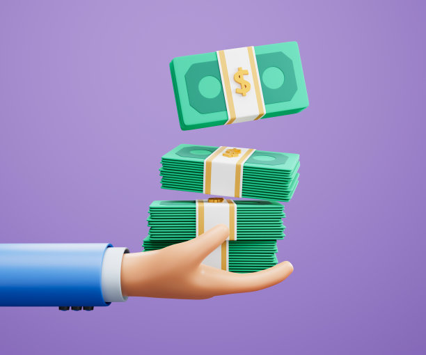 3D手持紫色背景钞票，省钱，网上支付和支付概念。三维演示图片下载