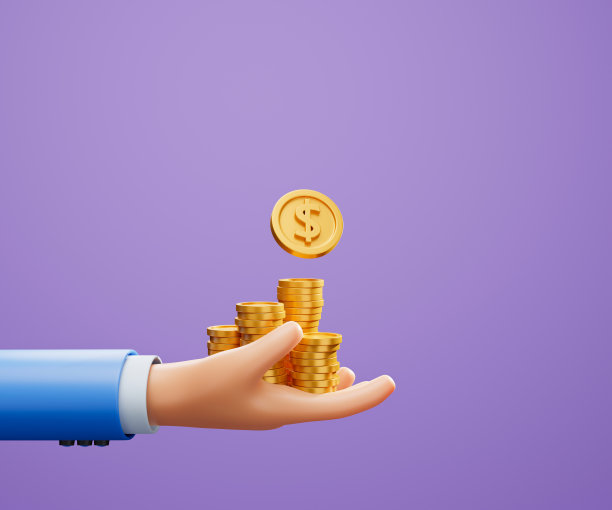 3D手持硬币堆叠紫色背景，省钱，在线支付，和支付概念。三维演示图片下载