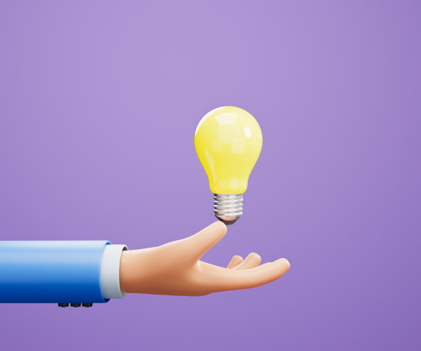 3D卡通手持灯泡在紫色背景。良好的理念和商业成功的创意理念。三维演示图片下载