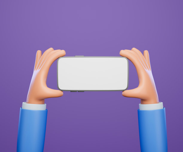 3D卡通手持智能手机隔离在紫色背景上，手持使用手机模型。三维演示图片下载