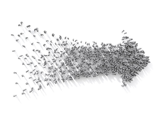 人们以箭头的形式聚集在白色的背景上。三维演示图片下载