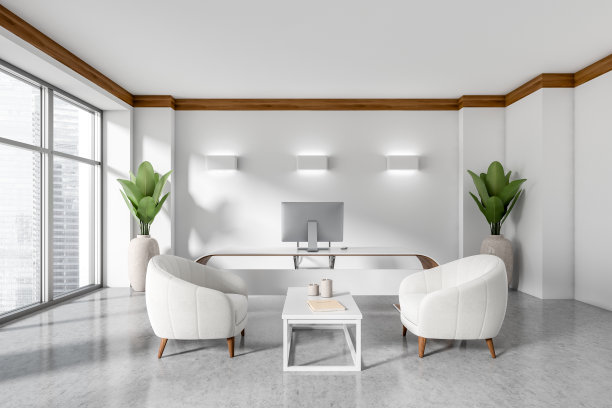 灯光经理室内设有扶手椅和茶几，全景窗图片下载