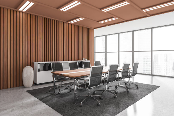 现代办公室内配有桌椅，全景窗。空墙图片下载