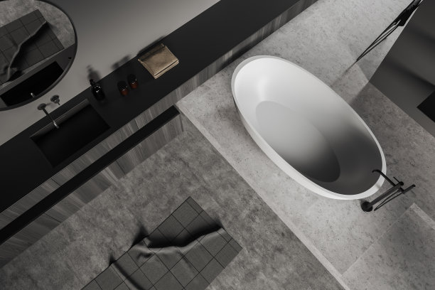 顶视图黑暗的浴室内部浴缸和水槽，地毯图片下载