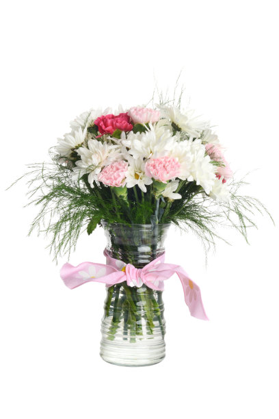 孤立的花瓶花束，粉红色的丝带蝴蝶结图片下载