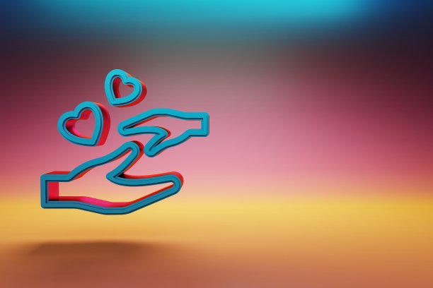 美丽的手与心形图标在多色明亮的背景。3 d渲染插图。用于设计的背景图案。母亲的一天。图片下载