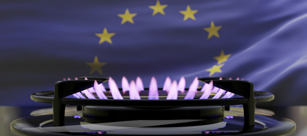 燃烧的燃气，炊具燃烧器，欧盟旗帜背景。欧洲天然气概念。三维渲染图片下载