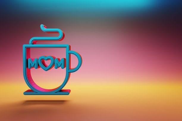 美丽的杯子与字妈妈与心形图标在多色明亮的背景。3 d渲染插图。用于设计的背景图案。母亲的一天。图片下载