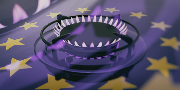 欧洲天然气概念。燃烧的燃气，炊具燃烧器，欧盟旗帜背景。三维渲染图片下载