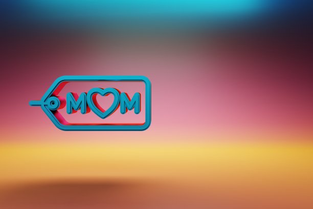 美丽的徽章与字妈妈和心脏图标在多色明亮的背景。3 d渲染插图。用于设计的背景图案。母亲的一天。图片下载