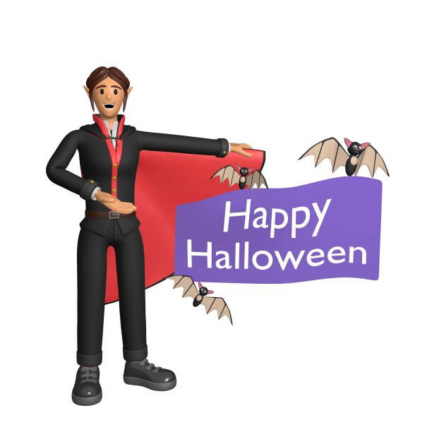 万圣节快乐。节日卡设计。穿着蝙蝠的吸血鬼的女人。三维渲染图片下载