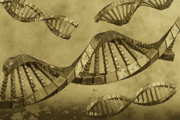 黄金DNA分子复杂螺旋结构以黄金为背景，医学、科学、遗传生物技术、基因细胞概念。3 d渲染插图。用于设计的背景图案。图片下载