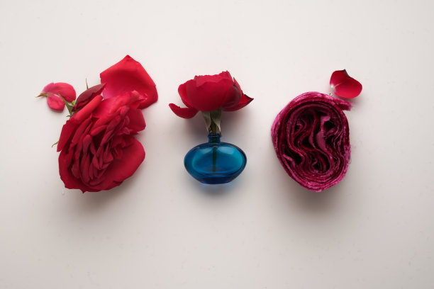 一个带花的小花瓶，一朵红玫瑰衬着装饰性的天鹅绒丝带，旁边是一朵鲜花，背景是浅色的图片下载