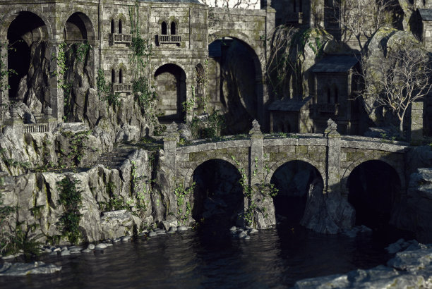 一座古堡护城河上的石桥上长满了常春藤。3 d渲染。图片下载