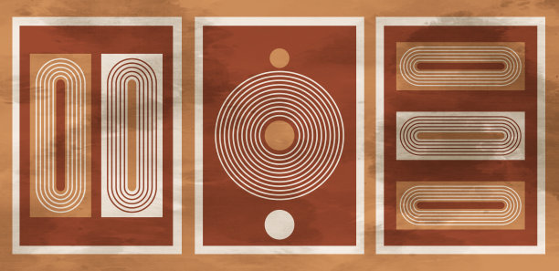 现代简约风墙面装饰画：圆形、线条与方形，红橙色背景图片下载