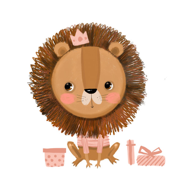可爱的水彩美丽的小孩子气的动物狮子礼物礼盒与丝绸丝带快乐的生日卡片印刷海报与皇冠头饰。图片下载