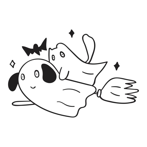 猫和狗化装成幽灵，骑着扫帚飞。万圣节的概念。图片下载