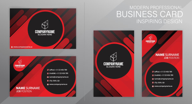 一套红色和黑色现代企业名片设计模板，矢量eps 10图片下载