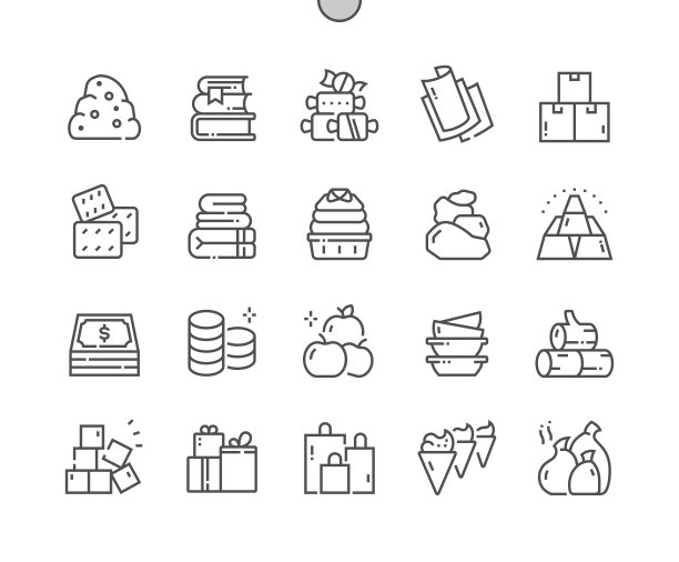 堆。石头、糖果、纸张、盒子、硬币、毛巾等。许多物品。完美的像素矢量细线图标。简单的最小的象形图图片下载