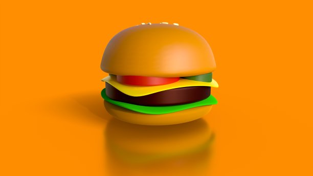 3D生成的程式化的芝士汉堡孤立在无限的橙色背景图片下载