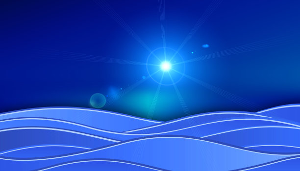 蓝色阴影波浪背景，夕阳在海上。图片下载