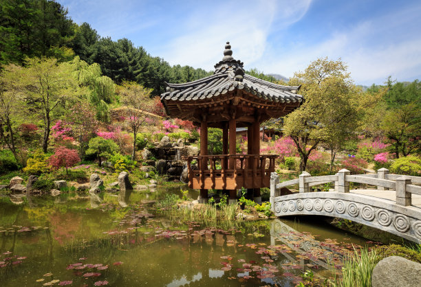 韩国亚洲中国馆在湖中有一座桥图片下载