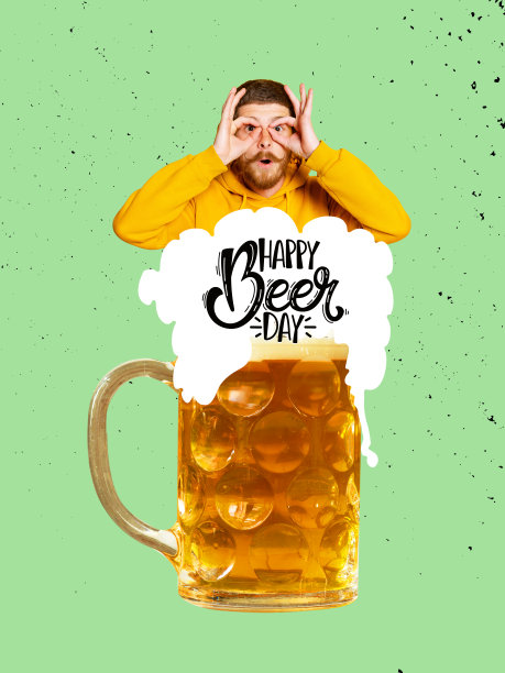 一个搞笑的人从巨大的啤酒杯中脱颖而出。当代艺术拼贴。杂志风格。节日、节日、聚会、啤酒、饮料和零食、啤酒节、广告和销售的概念。图片下载