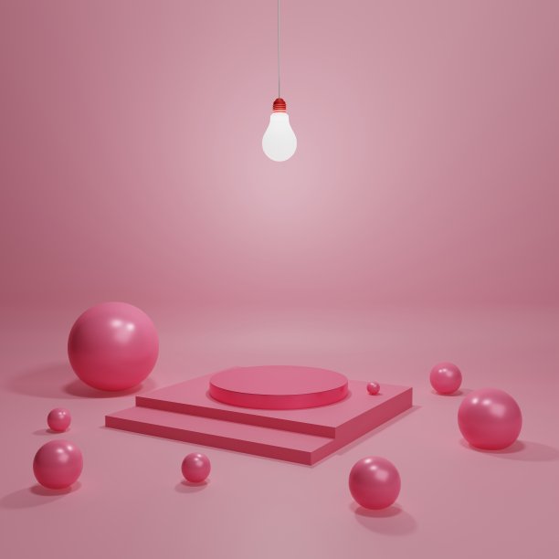 粉红色圆柱在楼梯平台上的背景与发光的灯泡。产品或化妆品展示推广台座模型。三维渲染图片下载