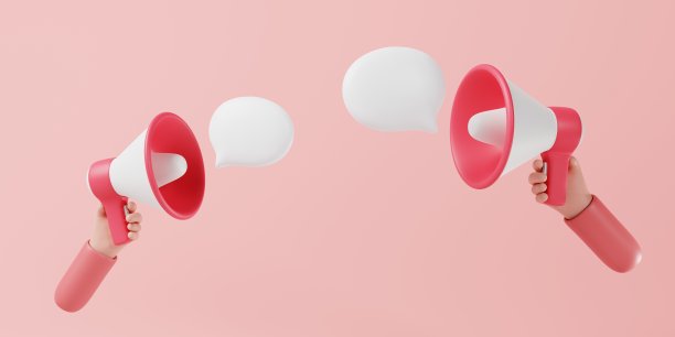 手持扩音器扬声器与聊天泡泡在粉红色的背景。公开公告，推广理念。三维渲染图片下载