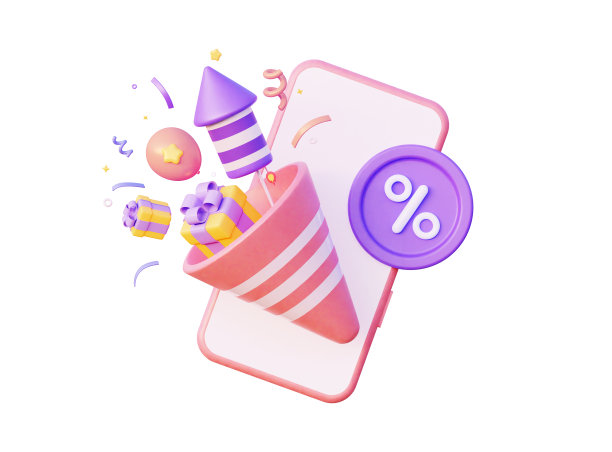 Icon Party popper with五彩纸屑和礼盒有一个圆形的百分比形式的紫色图标。在线销售的概念。手机假日折扣。孤立在白色背景上。三维渲染图片下载