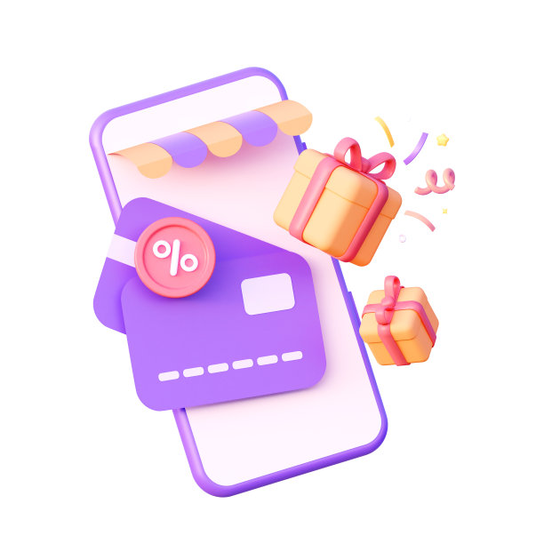 3d概念在线购物在手机上。可以用打折卡支付的智能手机和飞行礼物。三维渲染图片下载