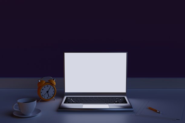 学校课桌与学校配件和笔记本电脑与照明屏幕。在晚上学习。三维渲染图片下载