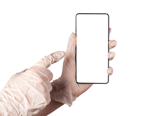 医生的食指指向隔离在白色背景上的手机模型。智能手机健康追踪应用，在线医疗诊断和治疗。图片下载