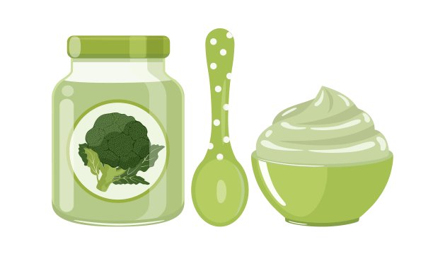 西兰花婴儿食品泥在玻璃罐与圆点勺子和碗，矢量插图孤立在白色背景图片下载