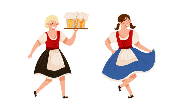 女服务员穿着传统的德国服装，拿着马克杯图片下载