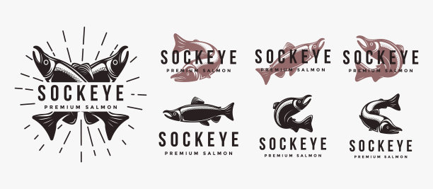 套复古红鲑鱼鱼标志图标图片下载