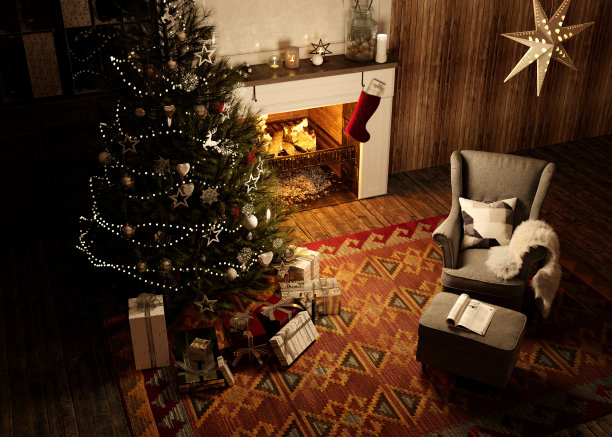 现代圣诞期间客厅室内。3 d渲染。图片下载