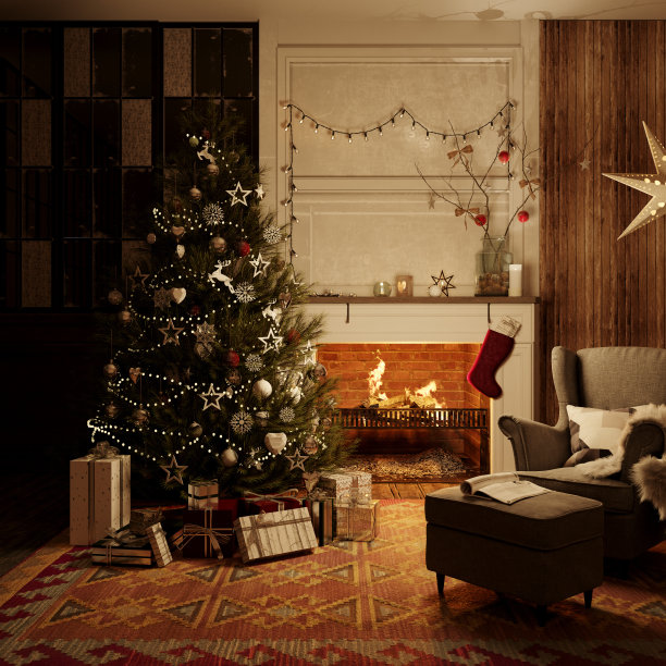 圣诞节期间的客厅室内。3 d渲染。古典风格图片下载