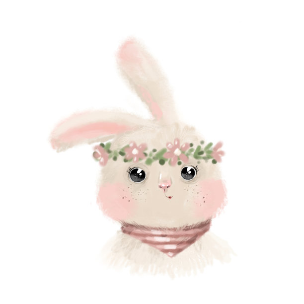 可爱可爱的女孩兔子与粉红色的花朵孩子气的印花佩戴花圈剪纸商品，服装，织物。托儿所新生儿艺术插图。图片下载