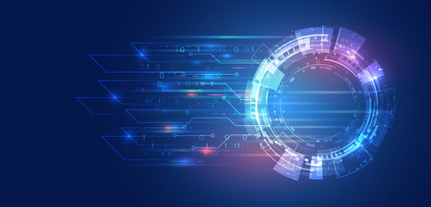 高科技计算机数字技术概念。宽蓝色背景与各种技术元素。抽象的圆技术交流，矢量插图。图片下载